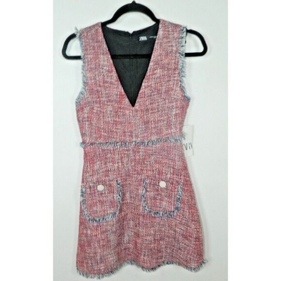 Zara Dress Size X-Small Red Blue Tweed Fringe Pocket Sleeveless Frayed Trim - Picture 2 of 13